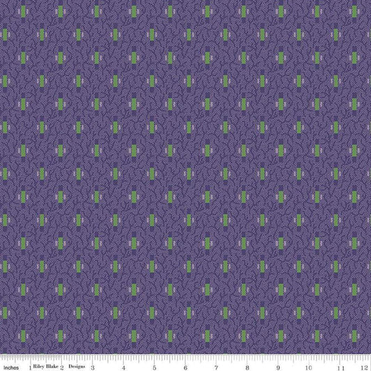 Image of Vera's Garden Dashes Purple quilting cotton fabric by Vicki McCarty for Riley Blake Designs. Features shapes on a purple background. Cute Little Fabric Shop