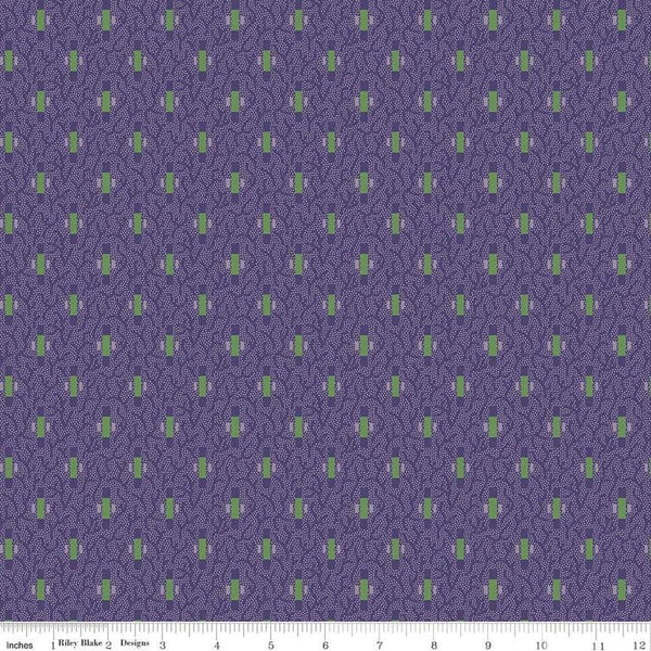Image of Vera&#39;s Garden Dashes Purple quilting cotton fabric by Vicki McCarty for Riley Blake Designs. Features shapes on a purple background. Cute Little Fabric Shop
