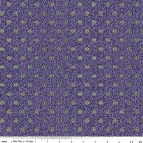 Image of Vera&#39;s Garden Dashes Purple quilting cotton fabric by Vicki McCarty for Riley Blake Designs. Features shapes on a purple background. Cute Little Fabric Shop