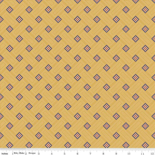 Image of Vera's Garden Blocks Gold quilting cotton fabric by Vicki McCarty for Riley Blake Designs. Features squares on a yellow background. Cute Little Fabric Shop
