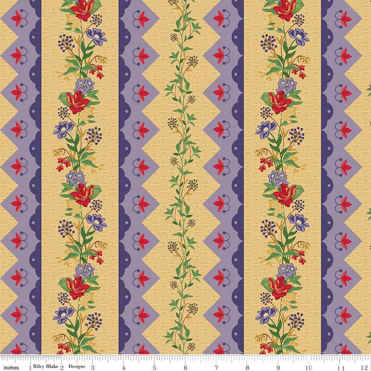 Image of Vera's Garden Boarder Stripe Multi quilting cotton fabric by Vicki McCarty for Riley Blake Designs. Features flowers on a yellow background. Cute Little Fabric Shop