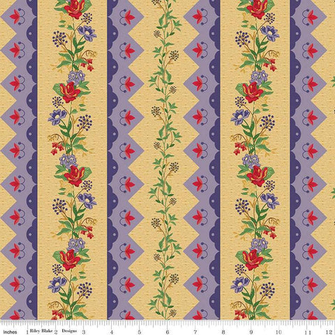 Image of Vera&#39;s Garden Boarder Stripe Multi quilting cotton fabric by Vicki McCarty for Riley Blake Designs. Features flowers on a yellow background. Cute Little Fabric Shop