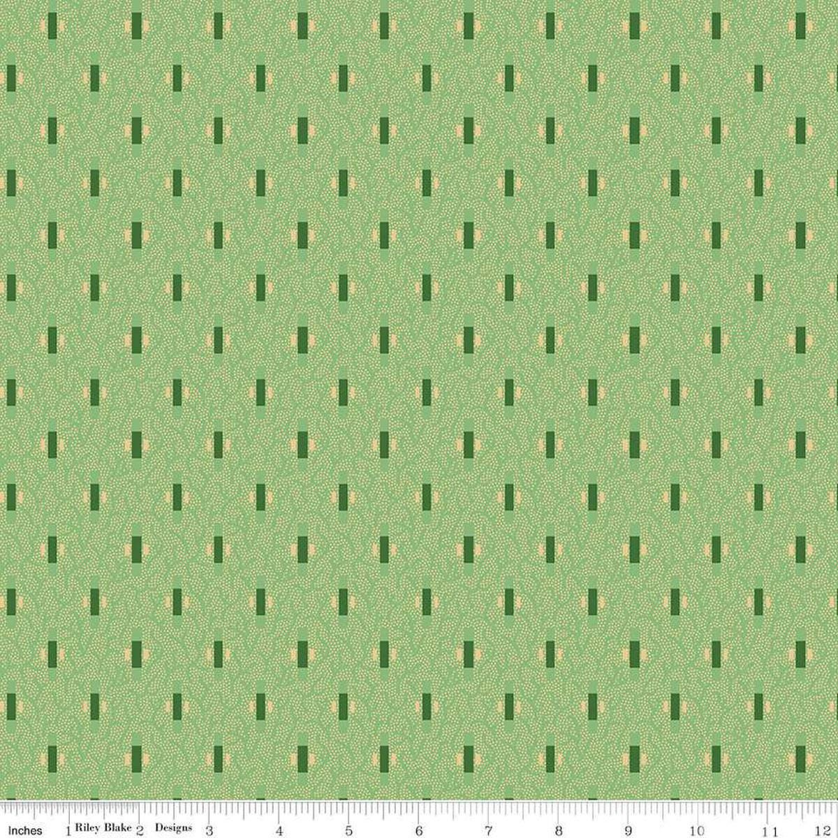 Image of Vera's Garden Dashes Green quilting cotton fabric by Vicki McCarty for Riley Blake Designs. Features shapes on a green background. Cute Little Fabric Shop