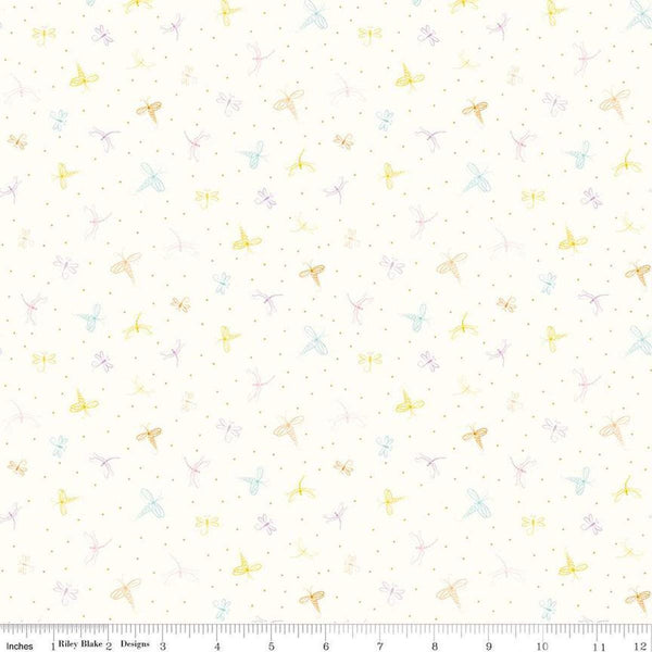 Image of Hush Hush 5 Dashing Dragonflies quilting cotton fabric by Assorted Designers for Riley Blake Designs. Features dragonflies on an off-white background. Cute Little Fabric Shop.