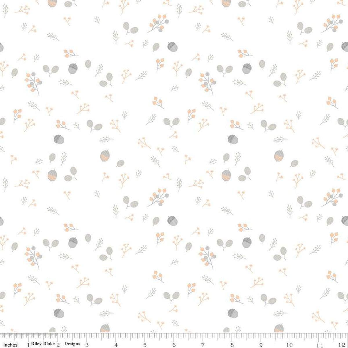 Image of Hush Hush 5 Foraging quilting cotton fabric by Assorted Designers for Riley Blake Designs. Features nuts on an off-white background. Cute Little Fabric Shop.
