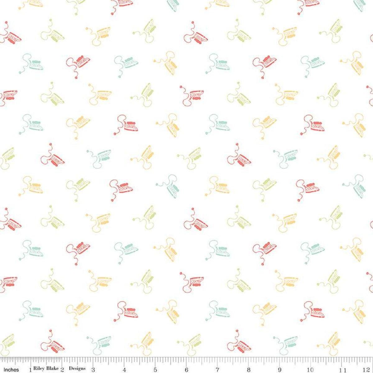 Image of Hush Hush 5 Pretty Pressers quilting cotton fabric by Assorted Designers for Riley Blake Designs. Features irons on an off-white background. Cute Little Fabric Shop.