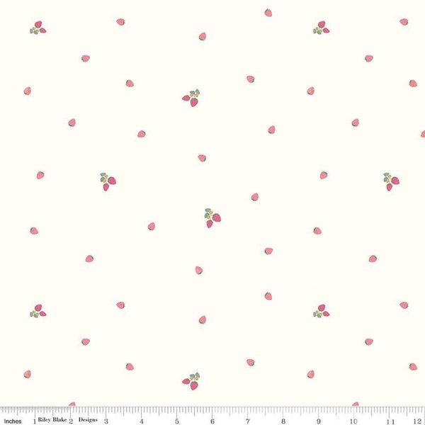 Image of Hush Hush 5 Bitty Berries quilting cotton fabric by Assorted Designers for Riley Blake Designs. Features strawberries on an off-white background. Cute Little Fabric Shop.