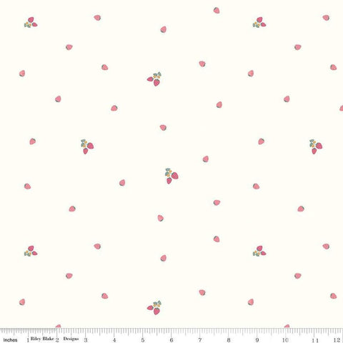 Image of Hush Hush 5 Bitty Berries quilting cotton fabric by Assorted Designers for Riley Blake Designs. Features strawberries on an off-white background. Cute Little Fabric Shop.