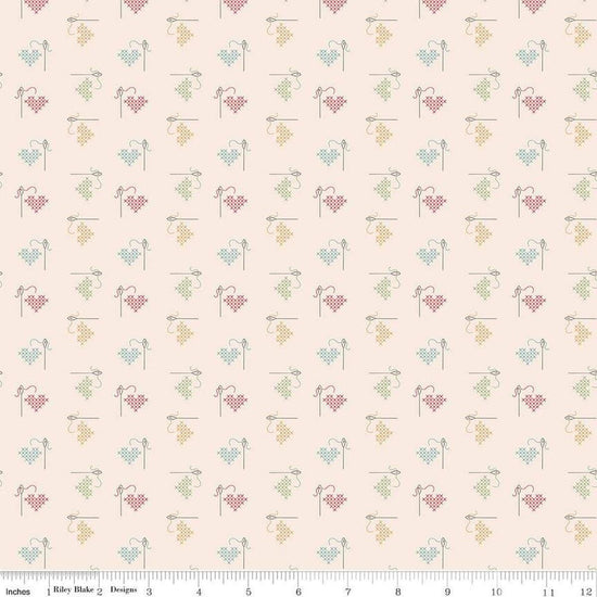 Image of Hush Hush 5 Stitched With Love quilting cotton fabric by Assorted Designers for Riley Blake Designs. Features embroidery on an off-white background. Cute Little Fabric Shop.