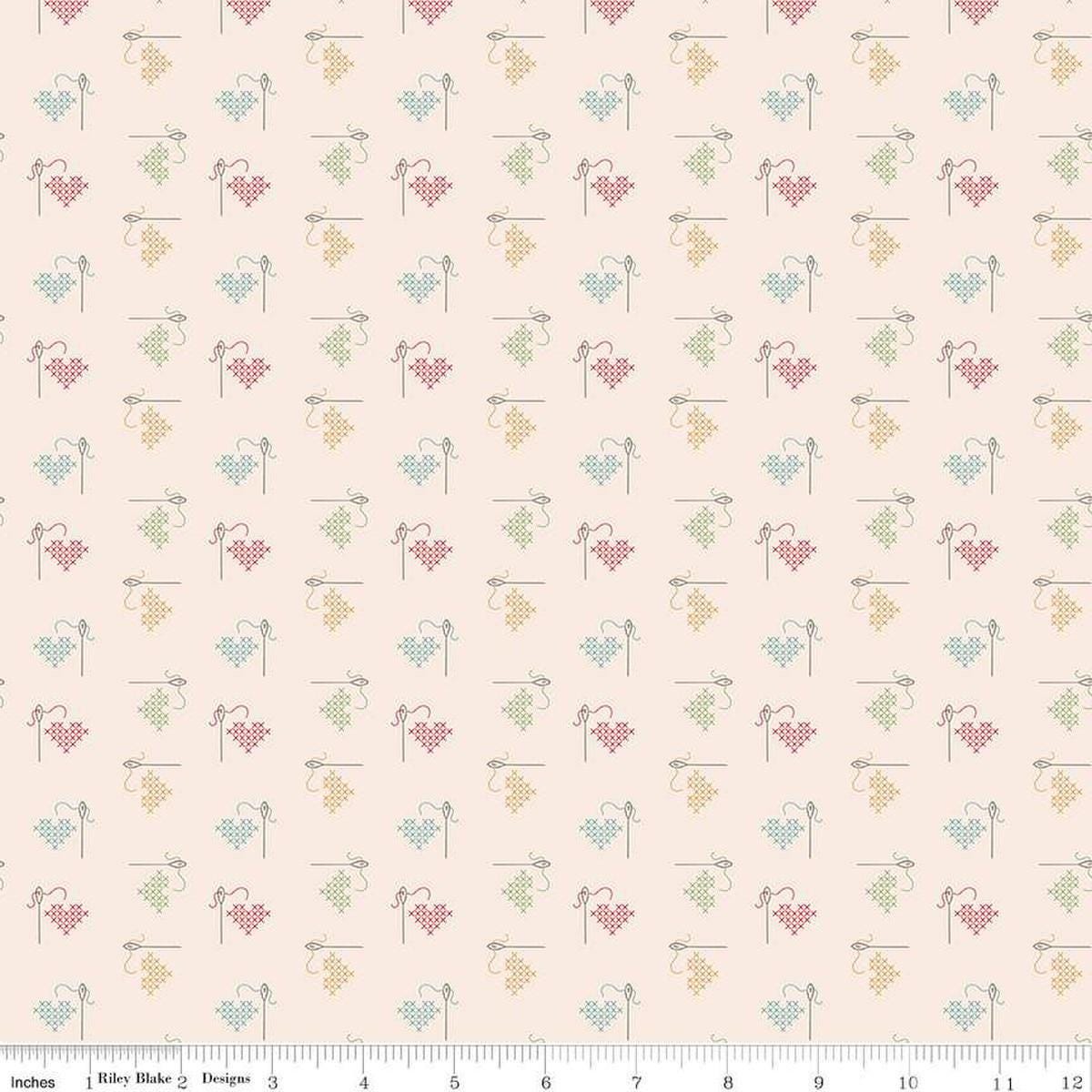 Image of Hush Hush 5 Stitched With Love quilting cotton fabric by Assorted Designers for Riley Blake Designs. Features embroidery on an off-white background. Cute Little Fabric Shop.