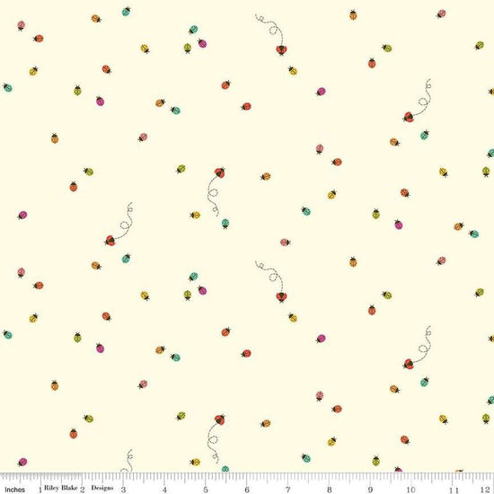 Image of Hush Hush 5 Little Ladies quilting cotton fabric by Assorted Designers for Riley Blake Designs. Features ladybugs on an off-white background. Cute Little Fabric Shop.