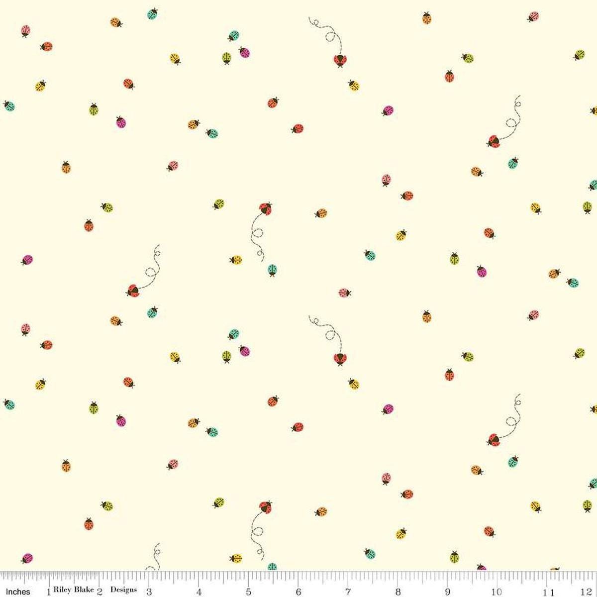 Image of Hush Hush 5 Little Ladies quilting cotton fabric by Assorted Designers for Riley Blake Designs. Features ladybugs on an off-white background. Cute Little Fabric Shop.
