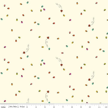 Image of Hush Hush 5 Little Ladies quilting cotton fabric by Assorted Designers for Riley Blake Designs. Features ladybugs on an off-white background. Cute Little Fabric Shop.