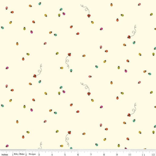 Image of Hush Hush 5 Little Ladies quilting cotton fabric by Assorted Designers for Riley Blake Designs. Features ladybugs on an off-white background. Cute Little Fabric Shop.
