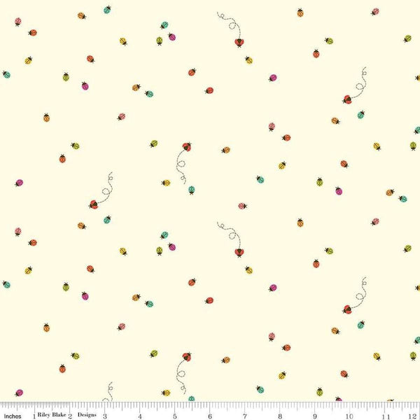 Image of Hush Hush 5 Little Ladies quilting cotton fabric by Assorted Designers for Riley Blake Designs. Features ladybugs on an off-white background. Cute Little Fabric Shop.