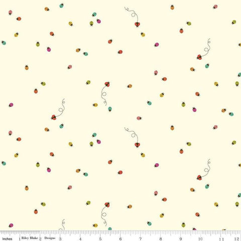 Image of Hush Hush 5 Little Ladies quilting cotton fabric by Assorted Designers for Riley Blake Designs. Features ladybugs on an off-white background. Cute Little Fabric Shop.