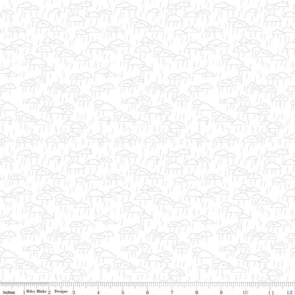 Image of Hush Hush 5 When Skies Go Gray quilting cotton fabric by Assorted Designers for Riley Blake Designs. Features clouds on an off-white background. Cute Little Fabric Shop.