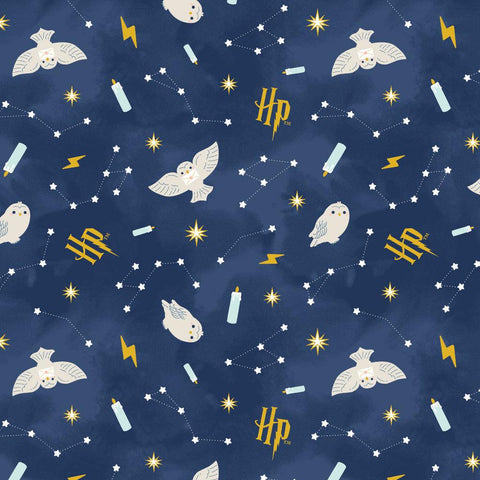 Image of Harry Potter Mystical Winter Wonder Night Sky Blue by Warner Brothers Official Licensing for Camelot Fabrics. Features stars on a blue background. Cute Little Fabric Shop