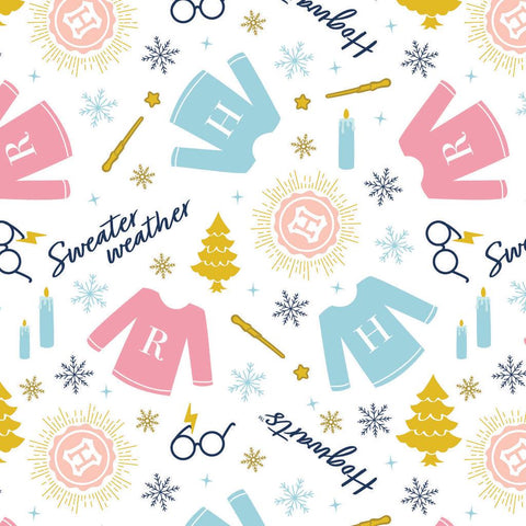 Image of Harry Potter Mystical Winter Wonder Sweater Weather White by Warner Brothers Official Licensing for Camelot Fabrics. Features sweaters on a white background. Cute Little Fabric Shop