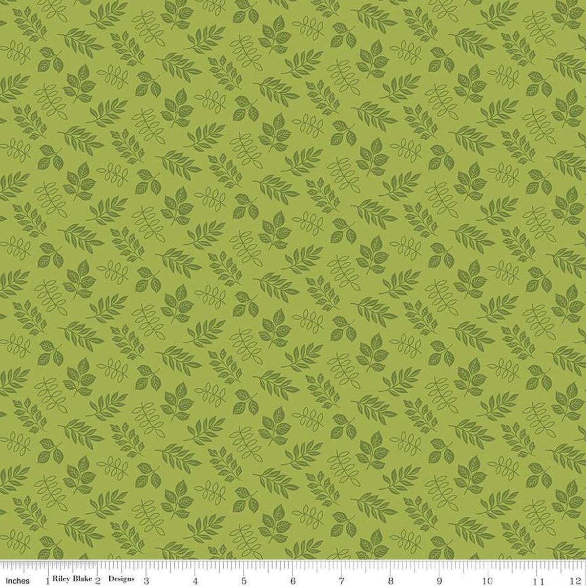 Image of Little Darlin' Leaves Green quilting cotton fabric by the RBD Designers for Riley Blake Designs. Features leaves on a green background. Cute Little Fabric Shop