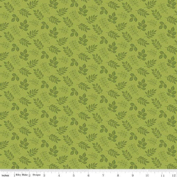 Image of Little Darlin' Leaves Green quilting cotton fabric by the RBD Designers for Riley Blake Designs. Features leaves on a green background. Cute Little Fabric Shop