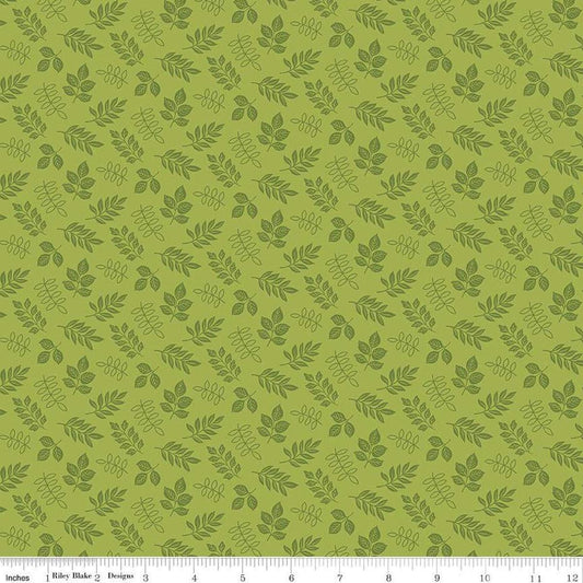 Image of Little Darlin' Leaves Green quilting cotton fabric by the RBD Designers for Riley Blake Designs. Features leaves on a green background. Cute Little Fabric Shop