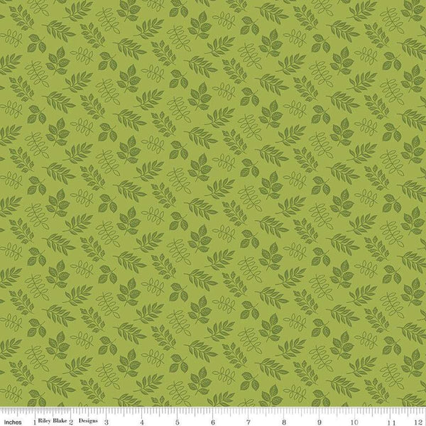 Image of Little Darlin&#39; Leaves Green quilting cotton fabric by the RBD Designers for Riley Blake Designs. Features leaves on a green background. Cute Little Fabric Shop