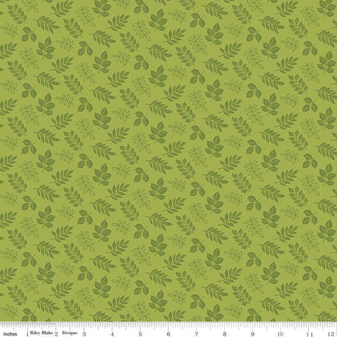 Image of Little Darlin&#39; Leaves Green quilting cotton fabric by the RBD Designers for Riley Blake Designs. Features leaves on a green background. Cute Little Fabric Shop