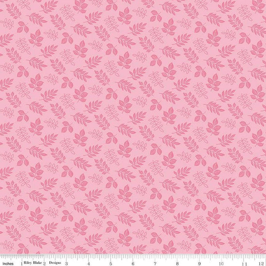 Image of Little Darlin' Leaves Pink quilting cotton fabric by the RBD Designers for Riley Blake Designs. Features leaves on a pink background. Cute Little Fabric Shop