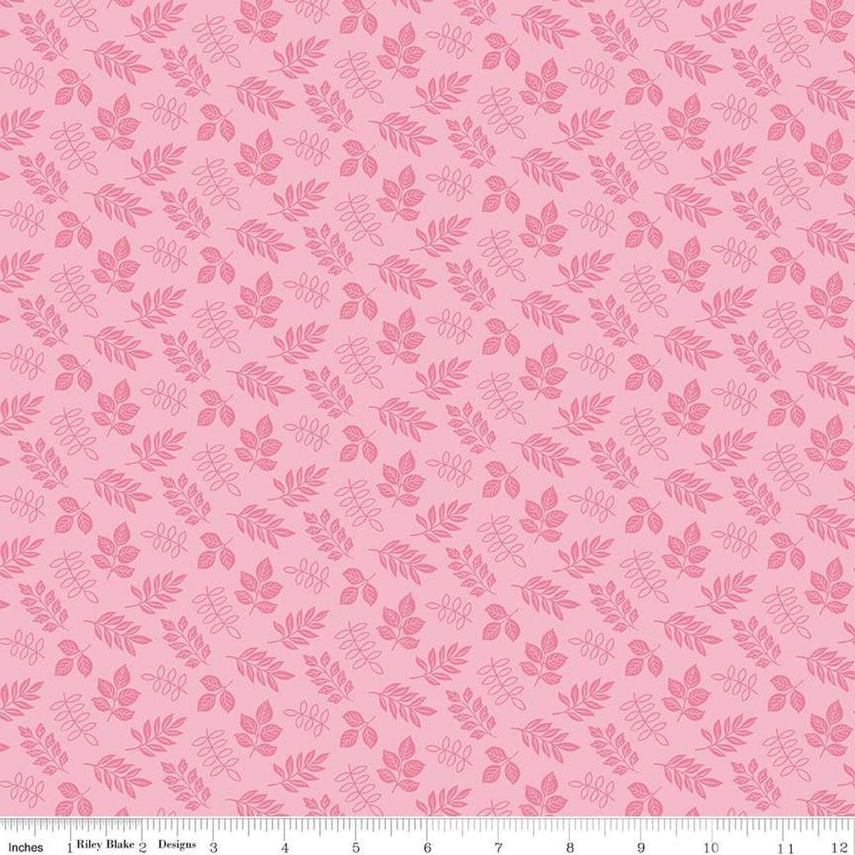 Image of Little Darlin' Leaves Pink quilting cotton fabric by the RBD Designers for Riley Blake Designs. Features leaves on a pink background. Cute Little Fabric Shop