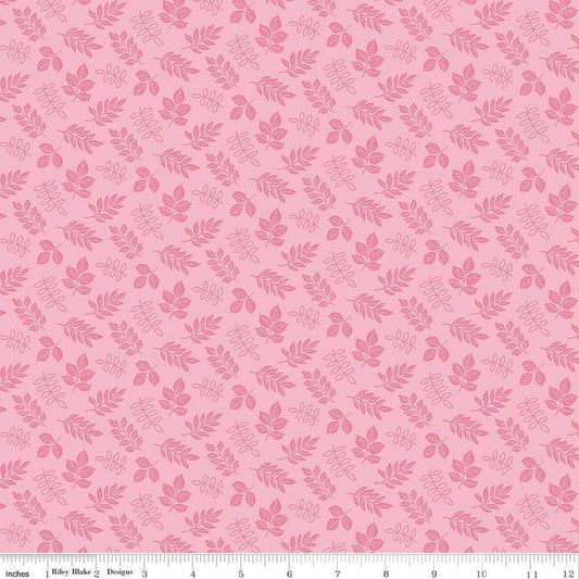Image of Little Darlin' Leaves Pink quilting cotton fabric by the RBD Designers for Riley Blake Designs. Features leaves on a pink background. Cute Little Fabric Shop