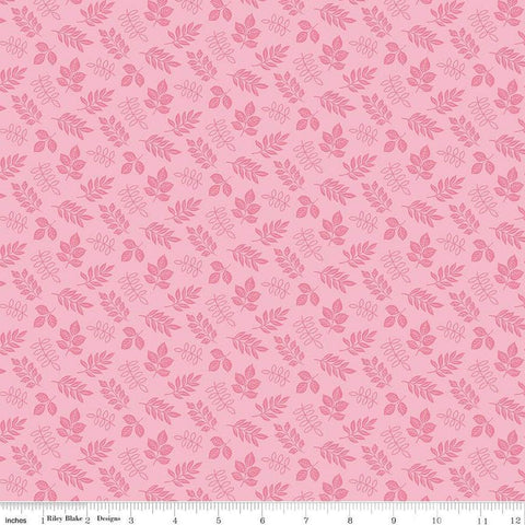 Image of Little Darlin&#39; Leaves Pink quilting cotton fabric by the RBD Designers for Riley Blake Designs. Features leaves on a pink background. Cute Little Fabric Shop