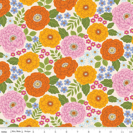 Image of Little Darlin' Main Cream quilting cotton fabric by the RBD Designers for Riley Blake Designs. Features flowers on a cream background. Cute Little Fabric Shop