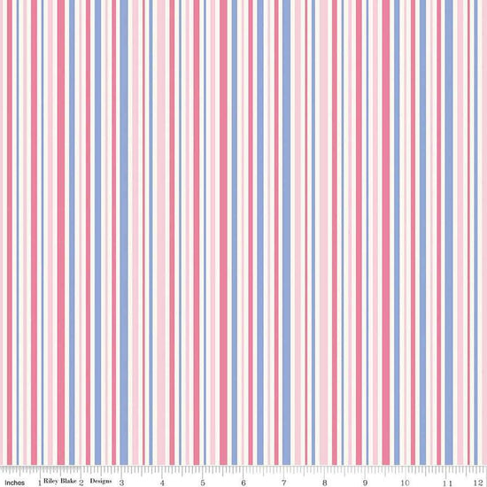 Image of Little Darlin' Stripes Pink quilting cotton fabric by the RBD Designers for Riley Blake Designs. Features flowers on a pink background. Cute Little Fabric Shop