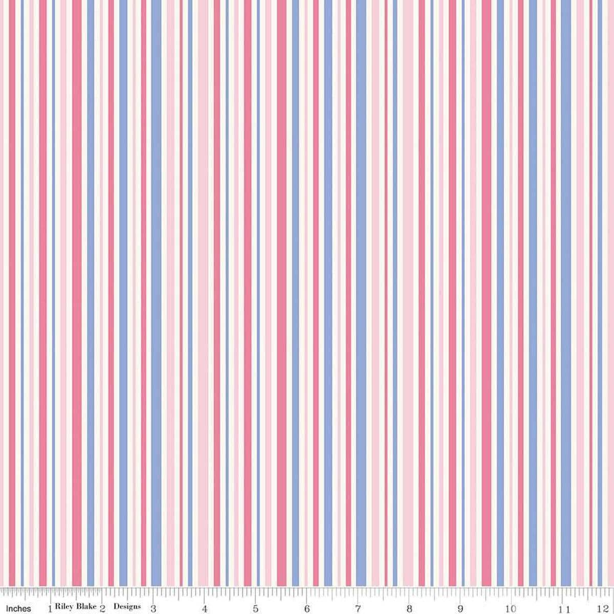 Image of Little Darlin' Stripes Pink quilting cotton fabric by the RBD Designers for Riley Blake Designs. Features flowers on a pink background. Cute Little Fabric Shop
