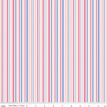Image of Little Darlin' Stripes Pink quilting cotton fabric by the RBD Designers for Riley Blake Designs. Features flowers on a pink background. Cute Little Fabric Shop