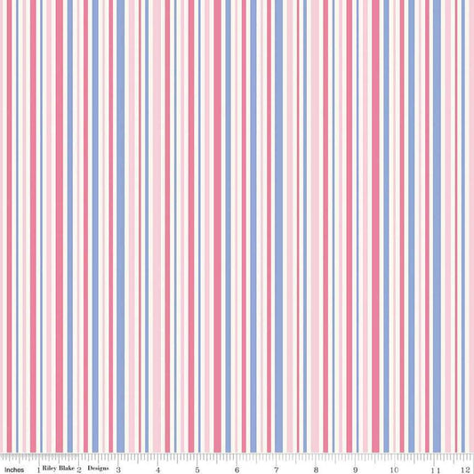 Image of Little Darlin' Stripes Pink quilting cotton fabric by the RBD Designers for Riley Blake Designs. Features flowers on a pink background. Cute Little Fabric Shop