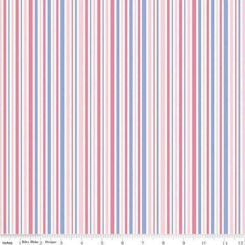 Image of Little Darlin&#39; Stripes Pink quilting cotton fabric by the RBD Designers for Riley Blake Designs. Features flowers on a pink background. Cute Little Fabric Shop