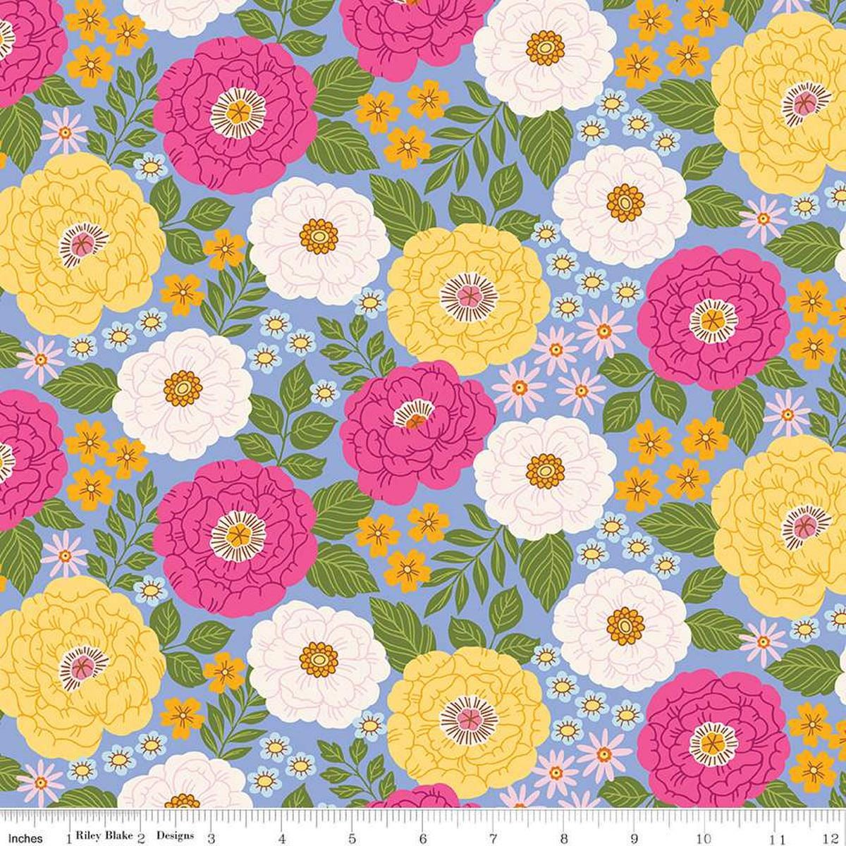Image of Little Darlin' Main Periwinkle quilting cotton fabric by the RBD Designers for Riley Blake Designs. Features flowers on a purple background. Cute Little Fabric Shop