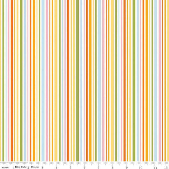 Image of Little Darlin' Stripes Multi quilting cotton fabric by the RBD Designers for Riley Blake Designs. Features stripes on a yellow background. Cute Little Fabric Shop