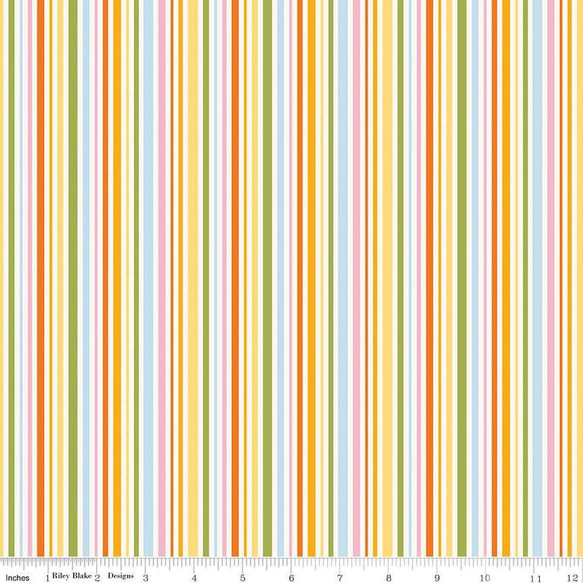 Image of Little Darlin' Stripes Multi quilting cotton fabric by the RBD Designers for Riley Blake Designs. Features stripes on a yellow background. Cute Little Fabric Shop