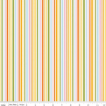 Image of Little Darlin' Stripes Multi quilting cotton fabric by the RBD Designers for Riley Blake Designs. Features stripes on a yellow background. Cute Little Fabric Shop