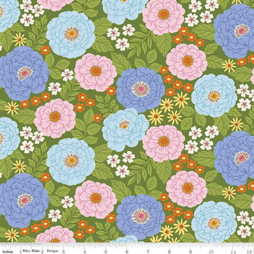 Image of Little Darlin' Main Green quilting cotton fabric by the RBD Designers for Riley Blake Designs. Features flowers on a green background. Cute Little Fabric Shop