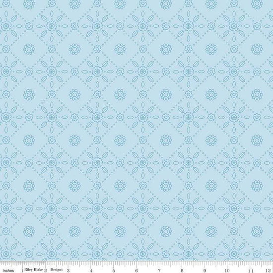 Image of Little Darlin' Folk Tile Blue quilting cotton fabric by the RBD Designers for Riley Blake Designs. Features shapes on a blue background. Cute Little Fabric Shop