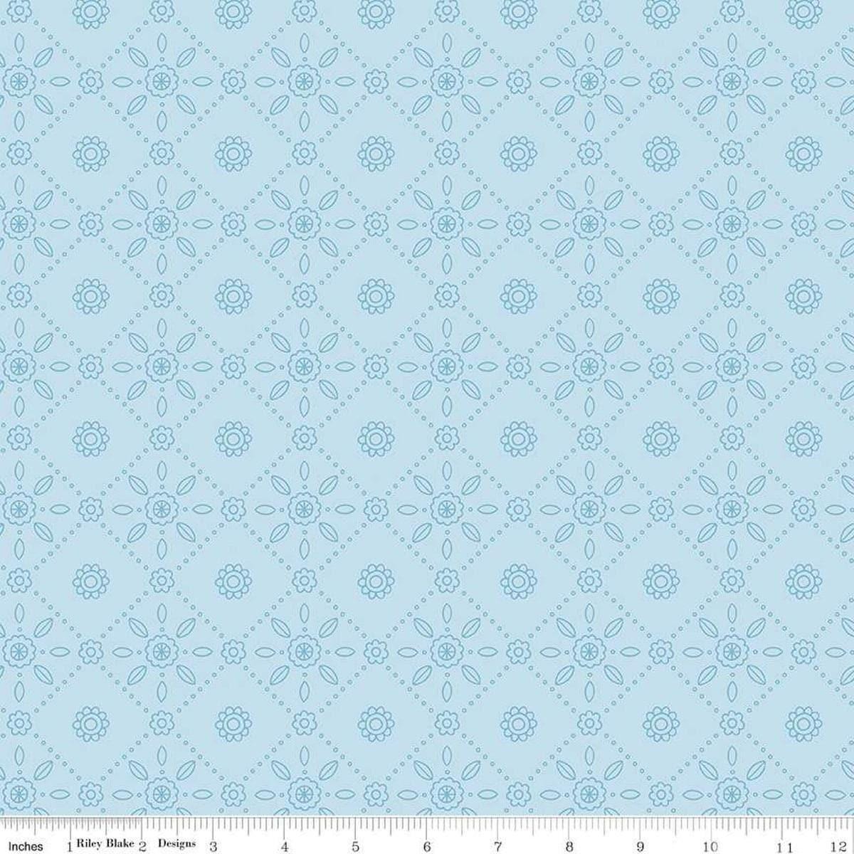 Image of Little Darlin' Folk Tile Blue quilting cotton fabric by the RBD Designers for Riley Blake Designs. Features shapes on a blue background. Cute Little Fabric Shop