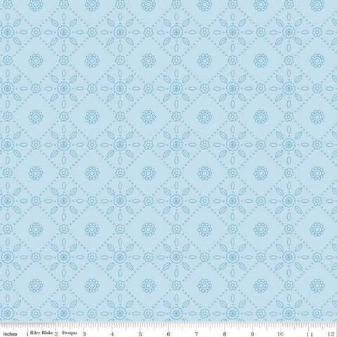 Image of Little Darlin&#39; Folk Tile Blue quilting cotton fabric by the RBD Designers for Riley Blake Designs. Features shapes on a blue background. Cute Little Fabric Shop