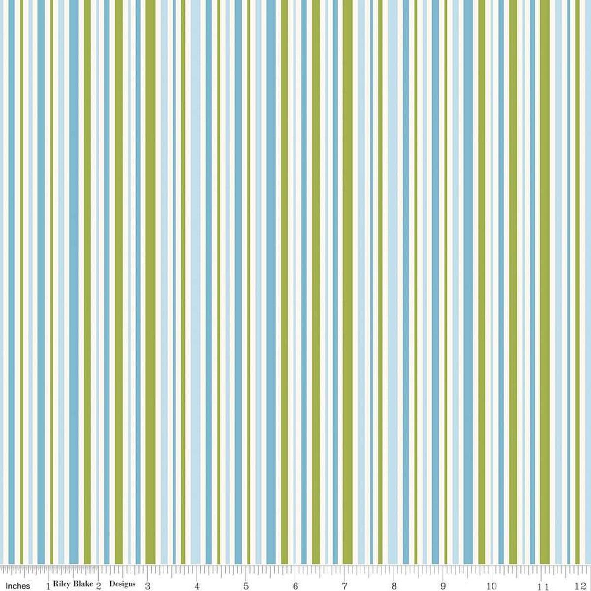 Image of Little Darlin' Stripes Blue quilting cotton fabric by the RBD Designers for Riley Blake Designs. Features stripes on a blue background. Cute Little Fabric Shop