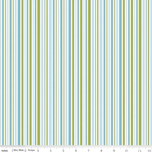 Image of Little Darlin' Stripes Blue quilting cotton fabric by the RBD Designers for Riley Blake Designs. Features stripes on a blue background. Cute Little Fabric Shop