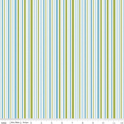 Image of Little Darlin&#39; Stripes Blue quilting cotton fabric by the RBD Designers for Riley Blake Designs. Features stripes on a blue background. Cute Little Fabric Shop