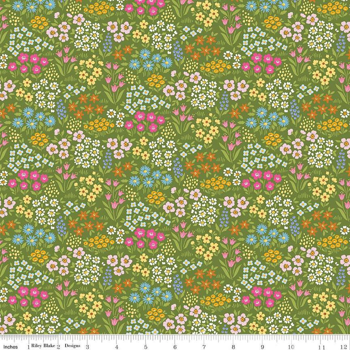Image of Little Darlin' Floral Fields Green quilting cotton fabric by the RBD Designers for Riley Blake Designs. Features flowers on a green background. Cute Little Fabric Shop